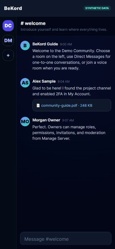 Synthetic mobile BeKord channel showing messages and the pinned composer